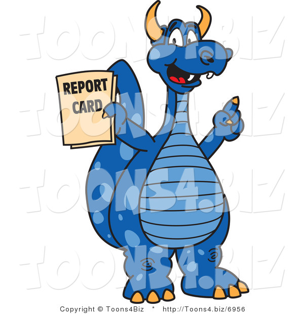 Vector Illustration of a Blue Cartoon Dragon Mascot Holding a Report Card
