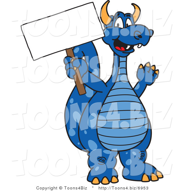 Vector Illustration of a Blue Cartoon Dragon Mascot Holding a Sign