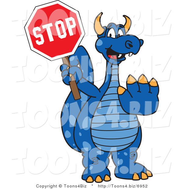 Vector Illustration of a Blue Cartoon Dragon Mascot Holding a Stop Sign