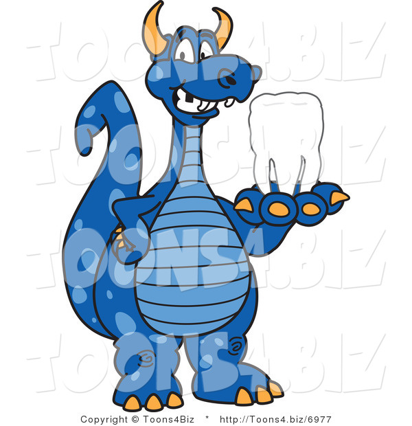 Vector Illustration of a Blue Cartoon Dragon Mascot Holding a Tooth