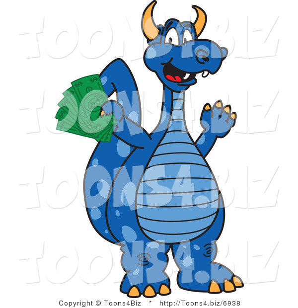 Vector Illustration of a Blue Cartoon Dragon Mascot Holding Cash Money