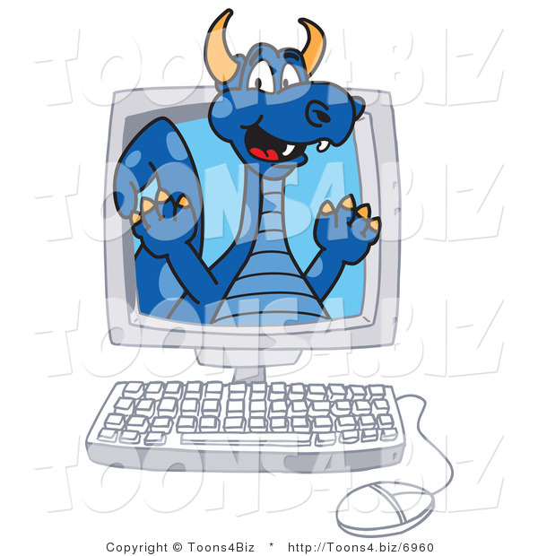 Vector Illustration of a Blue Cartoon Dragon Mascot in a Computer Screen