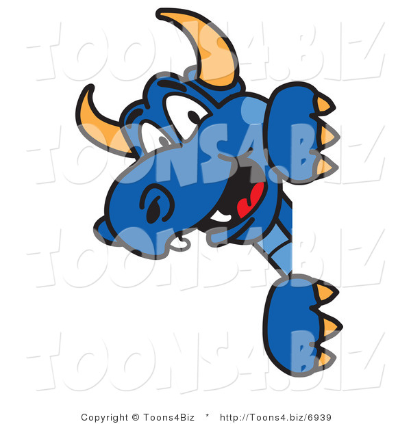 Vector Illustration of a Blue Cartoon Dragon Mascot Looking Around a Sign