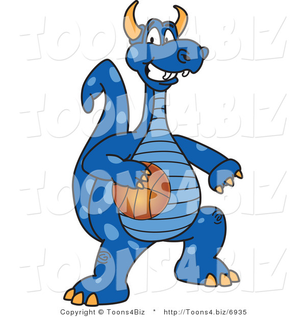 Vector Illustration of a Blue Cartoon Dragon Mascot Playing Basketball