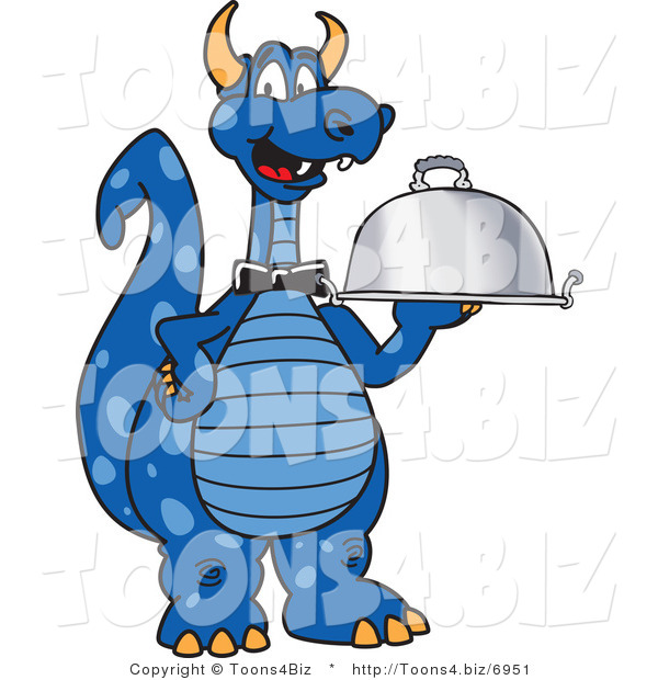 Vector Illustration of a Blue Cartoon Dragon Mascot Serving a Platter
