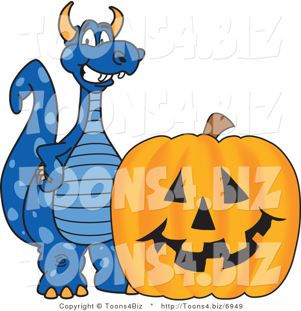 Vector Illustration of a Blue Cartoon Dragon Mascot with a Halloween Pumpkin
