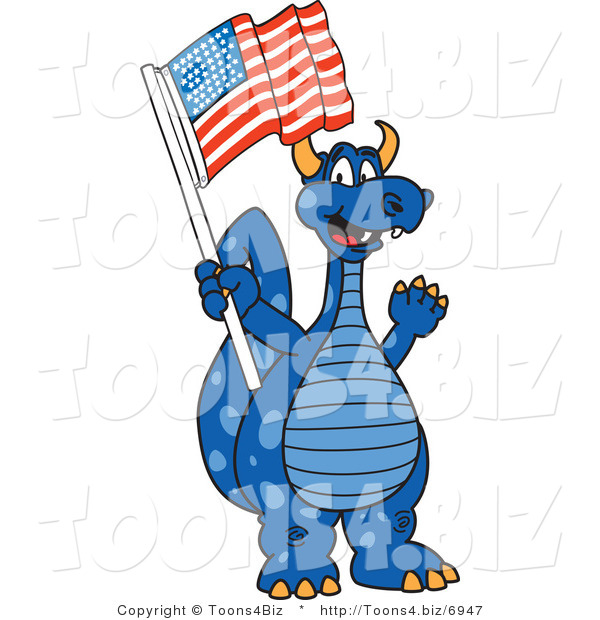 Vector Illustration of a Blue Cartoon Dragon Mascot with an American Flag