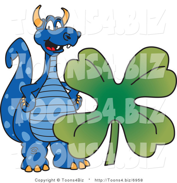 Vector Illustration of a Blue Cartoon Dragon Mascot Wth a St Patricks Day Clover