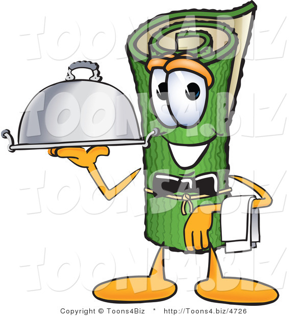 Vector Illustration of a Carpet Roll Mascot Dressed As a Waiter and Holding a Platter