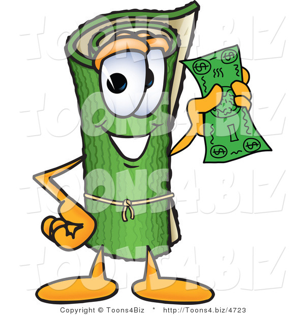 Vector Illustration of a Carpet Roll Mascot Holding a Dollar Bill