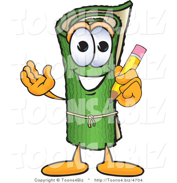 Vector Illustration of a Carpet Roll Mascot Holding a Pencil
