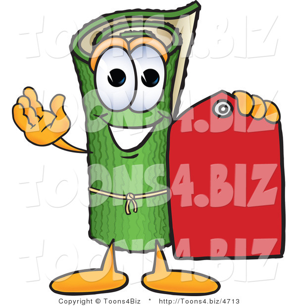 Vector Illustration of a Carpet Roll Mascot Holding a Red Price Tag