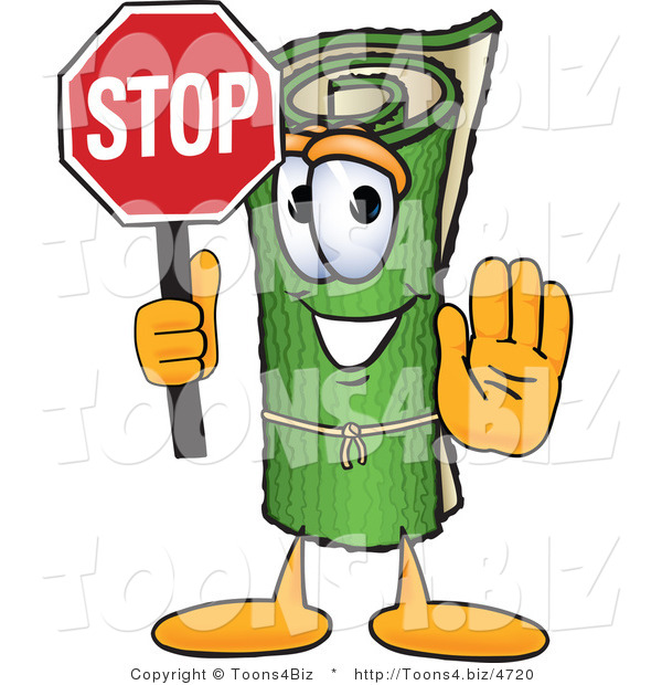 Vector Illustration of a Carpet Roll Mascot Holding a Stop Sign