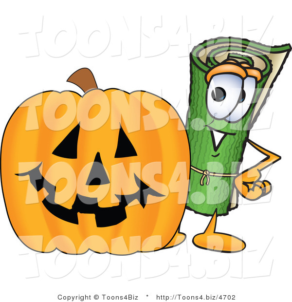Vector Illustration of a Carpet Roll Mascot with a Carved Halloween Pumpkin