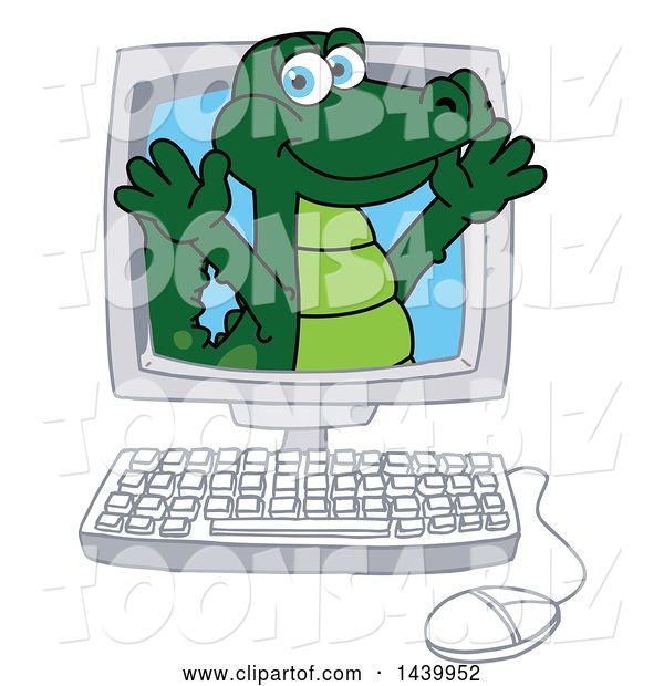 Vector Illustration of a Cartoon Alligator Mascot Emerging from a Computer Screen