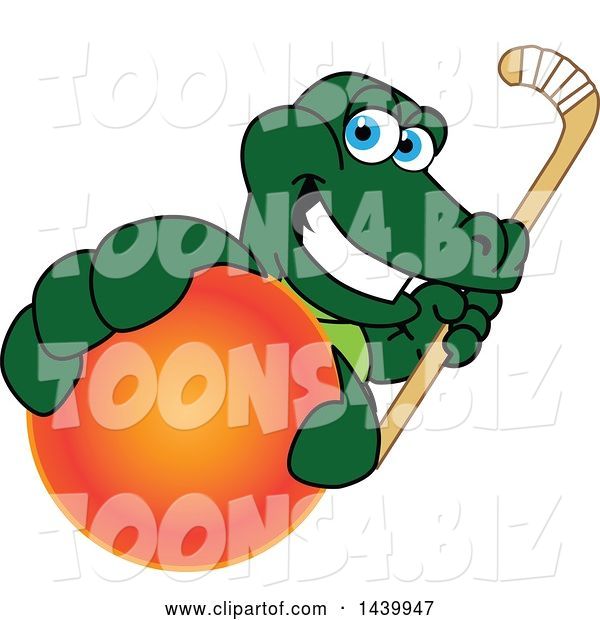 Vector Illustration of a Cartoon Alligator Mascot Grabbing a Field Hockey Ball and Holding a Stick