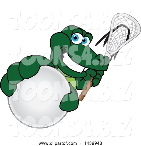 Vector Illustration of a Cartoon Alligator Mascot Grabbing a Lacrosse Ball and Holding a Stick