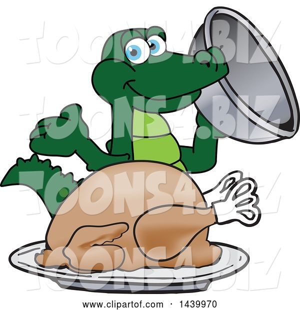 Vector Illustration of a Cartoon Alligator Mascot Serving a Thanksgiving Turkey