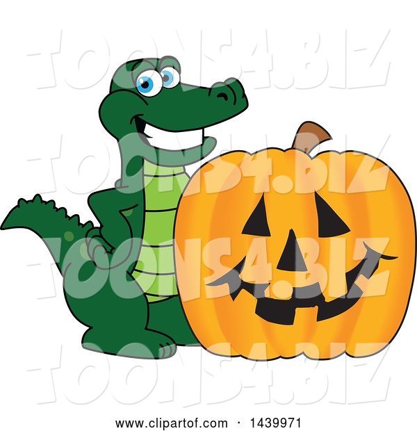 Vector Illustration of a Cartoon Alligator Mascot with a Halloween Jackolantern Pumpkin