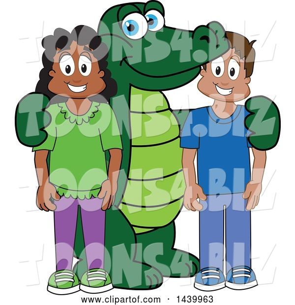 Vector Illustration of a Cartoon Alligator Mascot with Happy Students
