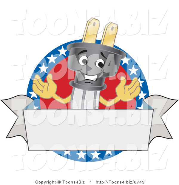 Vector Illustration of a Cartoon American Electric Plug Mascot Logo with a Blank Banner