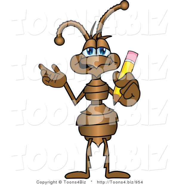 Vector Illustration of a Cartoon Ant Mascot Holding a Pencil