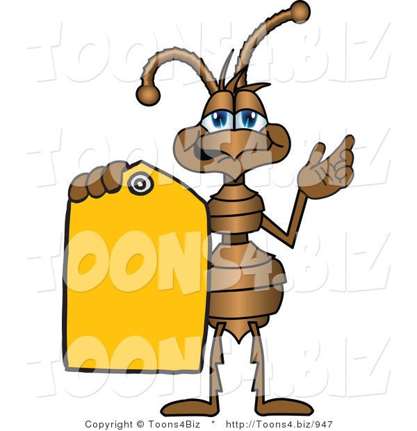 Vector Illustration of a Cartoon Ant Mascot Holding out a Yellow Sales Price Tag