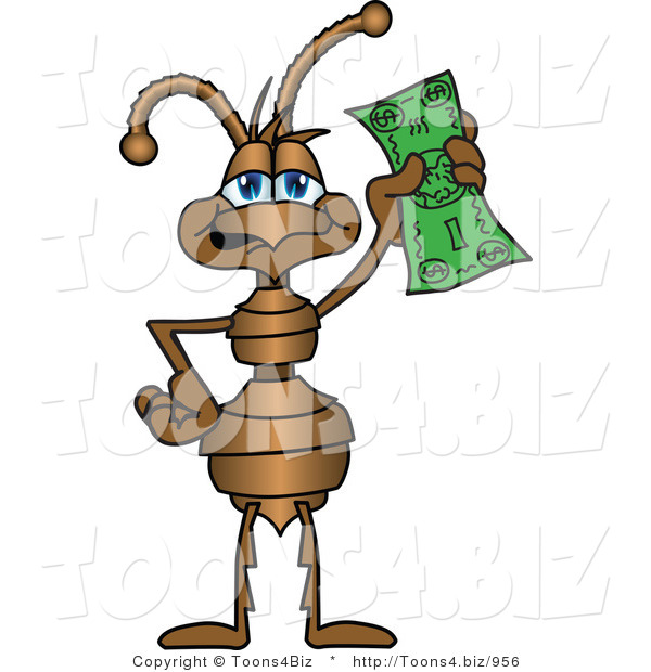 Vector Illustration of a Cartoon Ant Mascot Holding up a Green Banknote