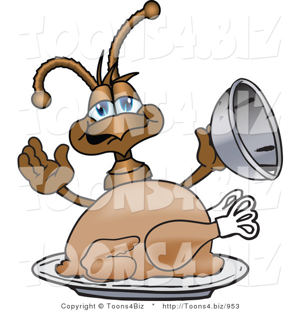 Vector Illustration of a Cartoon Ant Mascot Serving a Thanksgiving Turkey on a Platter