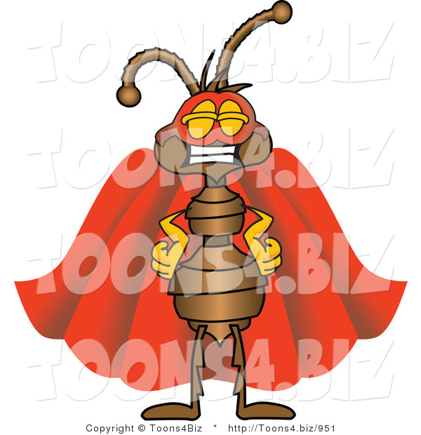 Vector Illustration of a Cartoon Ant Mascot Wearing a Mask and Red Super Hero Cape
