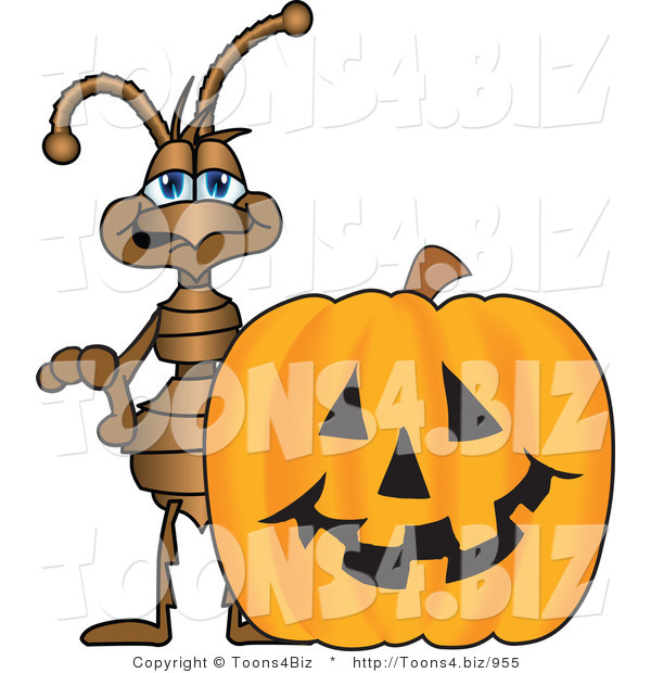 Vector Illustration of a Cartoon Ant Mascot with a Halloween Pumpkin