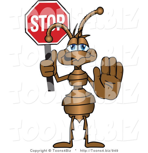 Vector Illustration of a Cartoon Ant Mascot with His Hand Out, Holding a Stop Sign