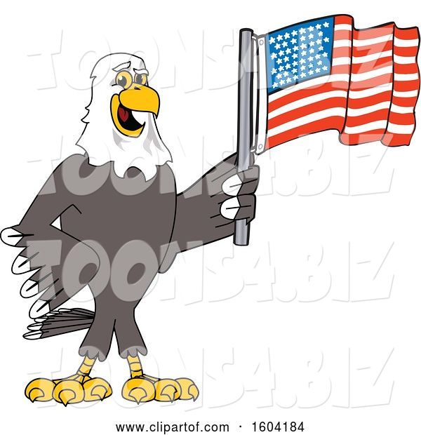 Vector Illustration of a Cartoon Bald Eagle Mascot Holding an American Flag