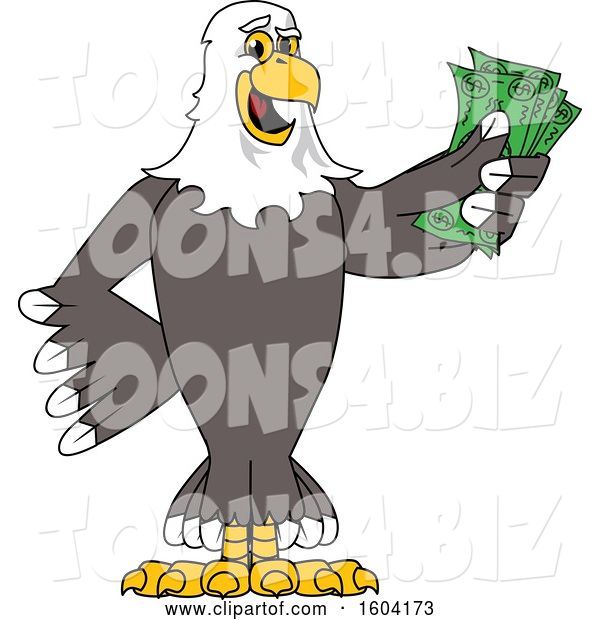 Vector Illustration of a Cartoon Bald Eagle Mascot Holding Cash Money