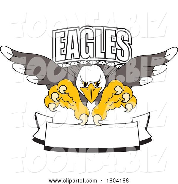 Vector Illustration of a Cartoon Bald Eagle Mascot Swooping over a Banner