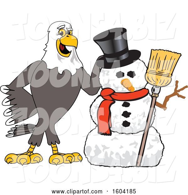 Vector Illustration of a Cartoon Bald Eagle Mascot with a Christmas Snowman