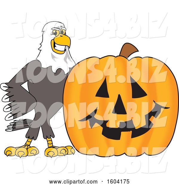 Vector Illustration of a Cartoon Bald Eagle Mascot with a Halloween Pumpkin