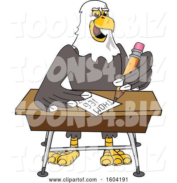 Vector Illustration of a Cartoon Bald Eagle Mascot Writing at a Desk