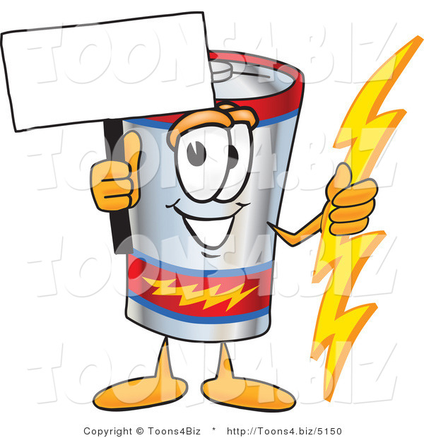 Vector Illustration of a Cartoon Battery Mascot Holding a Bolt of Energy and a Blank Sign