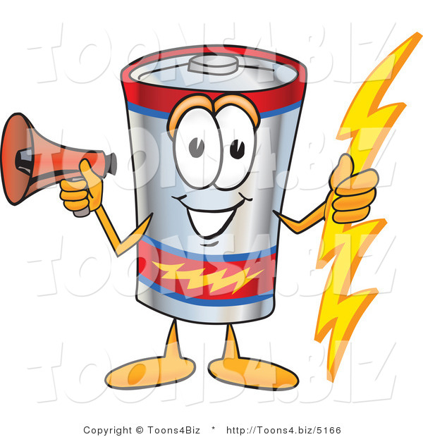 Vector Illustration of a Cartoon Battery Mascot Holding a Bolt of Energy and Megaphone