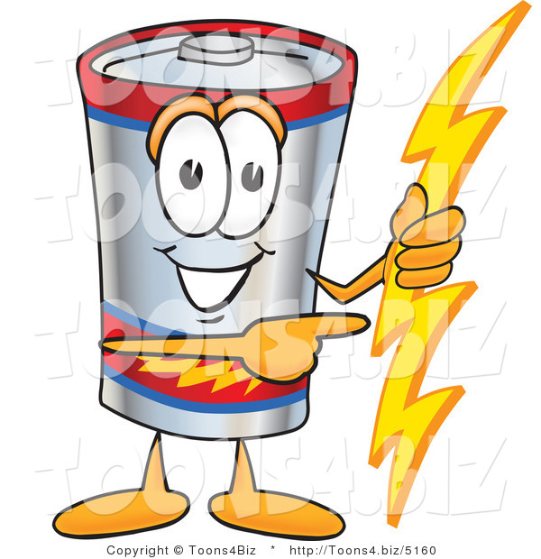 Vector Illustration of a Cartoon Battery Mascot Holding a Bolt of Energy and Pointing to the Right