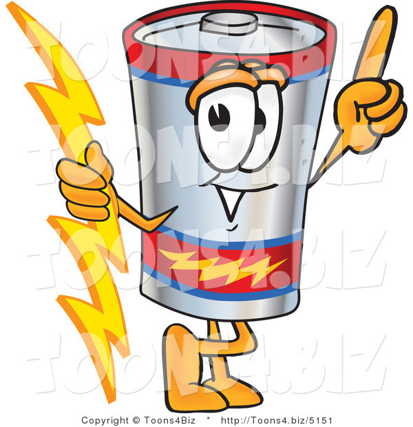 Vector Illustration of a Cartoon Battery Mascot Holding a Bolt of Energy and Pointing Upwards