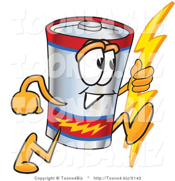 Vector Illustration of a Cartoon Battery Mascot Holding a Bolt of Energy and Running