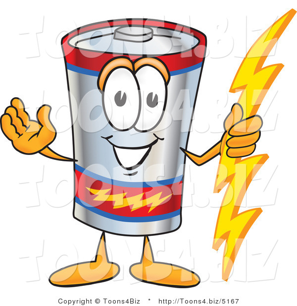 Vector Illustration of a Cartoon Battery Mascot Holding a Bolt of Energy and Welcoming