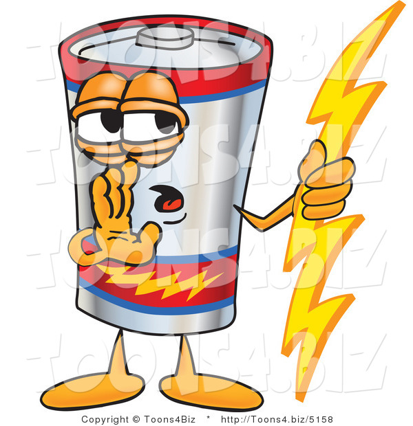 Vector Illustration of a Cartoon Battery Mascot Holding a Bolt of Energy and Whispering