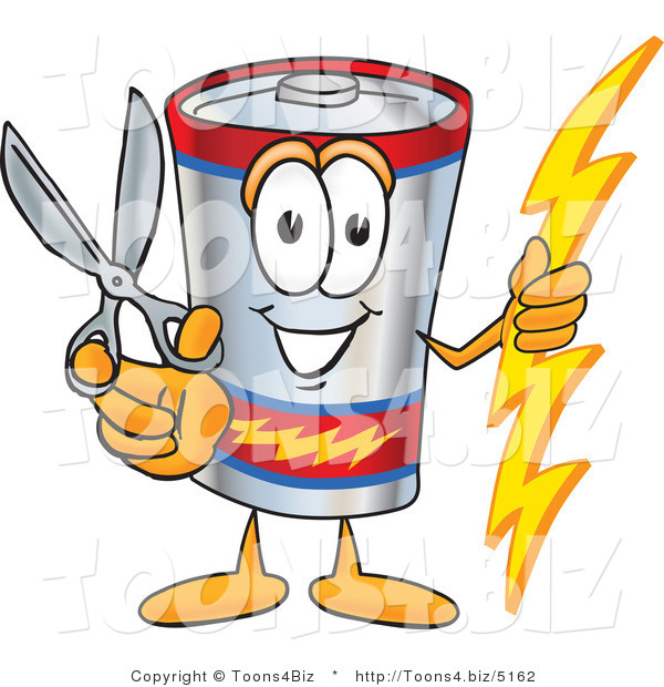 Vector Illustration of a Cartoon Battery Mascot Holding a Pair of Scissors