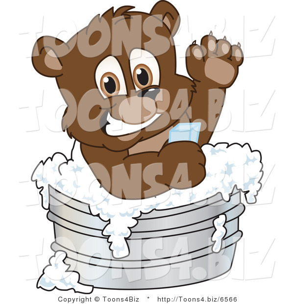 Vector Illustration of a Cartoon Bear Mascot Bathing in a Metal Tub