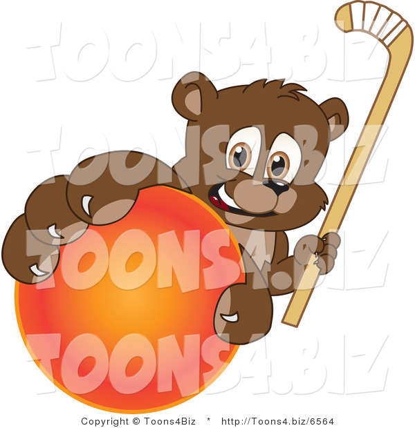 Vector Illustration of a Cartoon Bear Mascot Grabbing a Hockey Ball and Holding a Stick