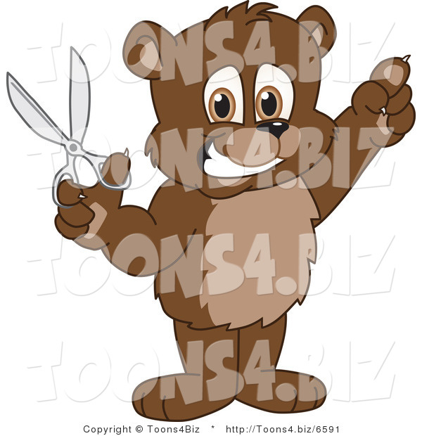 Vector Illustration of a Cartoon Bear Mascot Holding up Scissors