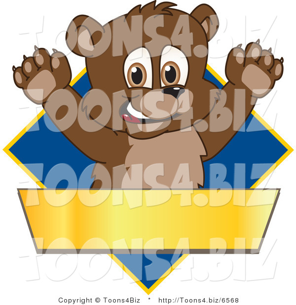 Vector Illustration of a Cartoon Bear Mascot Logo over a Blue Diamond and Blank Gold Banner